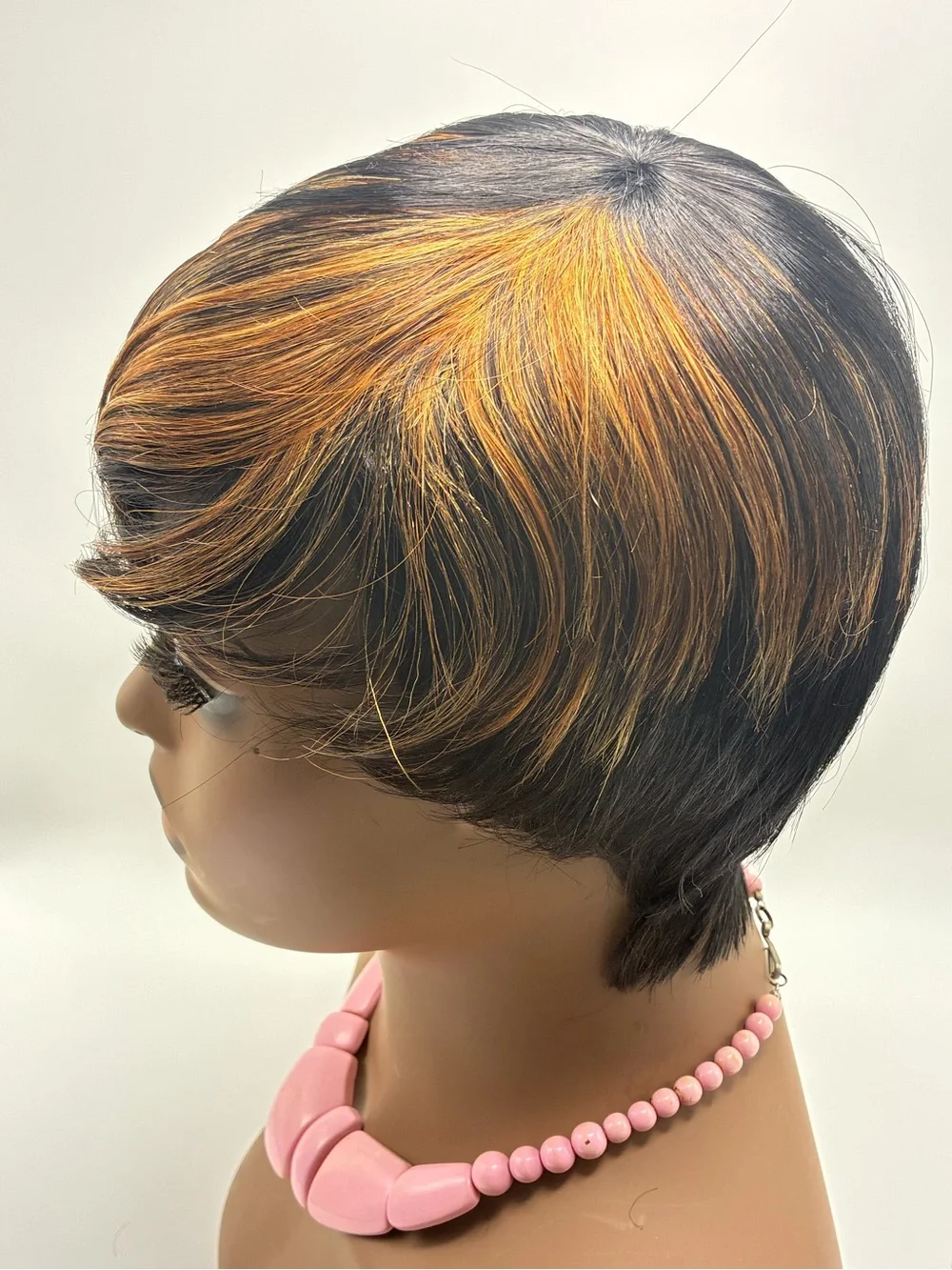Short Black Wig with Golden Highlights - Stylish Women's Hair.  Human Hair